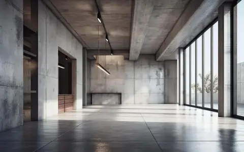 Surowy beton na stropie i ścianach tworzy industrialny klimat. Jasne światło wpada przez wielkie okna.