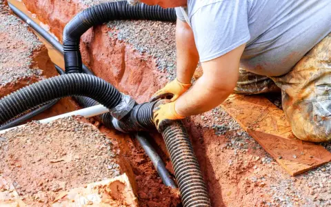 Instalator w pomarańczowych rękawiczkach łączy rury odprowadzające wodę z rynien. Prace zgodne z przepisami.