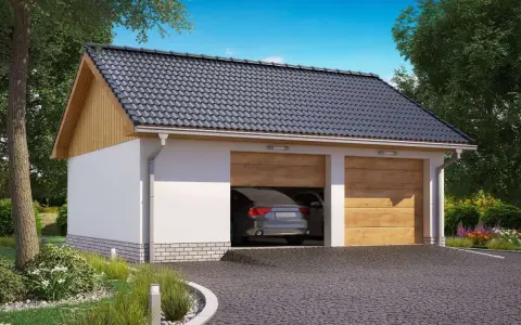 Nowoczesny projekt garażu 35m2 bez pozwolenia, z dwoma drewnianymi bramami, otoczony zielenią.