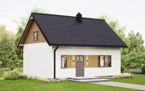 Idealna jaka działka pod dom 70m2. Biały, nowoczesny domek z drewnianymi elementami i czarnym dachem, otoczony zielenią.