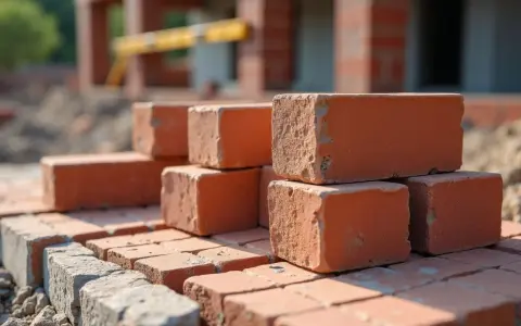 Stos cegieł na budowie. W tle widać fragmenty konstrukcji, być może przyszłego komina z cegły, którego wymiary są kluczowe dla budowniczych.