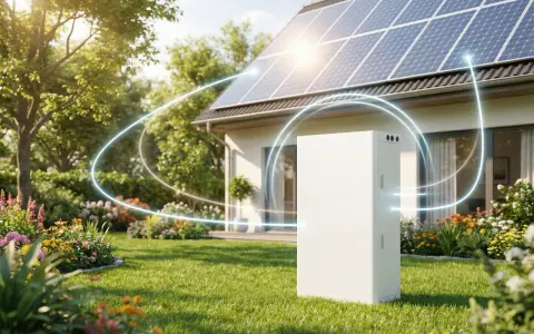 Biały magazyn energii stoi w słonecznym ogrodzie obok domu z panelami słonecznymi. Czy magazyn energii się opłaca? To pytanie o przyszłość domowej energetyki.