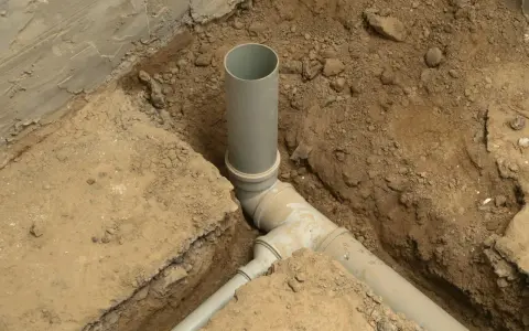 System kanalizacyjny w wykopie. Szara rura do kanalizacji pionowo i poziomo, połączona z innymi elementami.