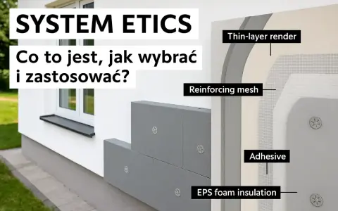 Przekrój ściany z systemem ETICS: styropian, siatka, klej i tynk.