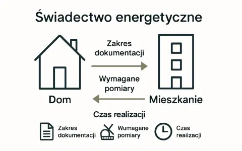 Schemat procesu uzyskania świadectwa charakterystyki energetycznej mieszkania. Pokazuje przepływ dokumentacji i pomiarów między domem a mieszkaniem.
