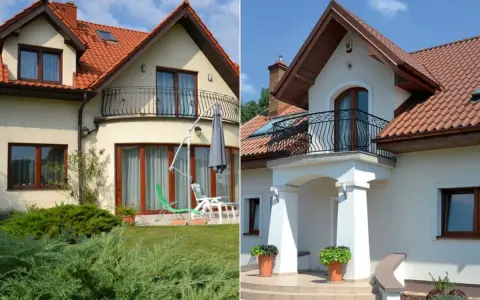 Dwa domy z dachówką i balkonami. Na jednym z nich widać lukarnę, czyli okno dachowe.