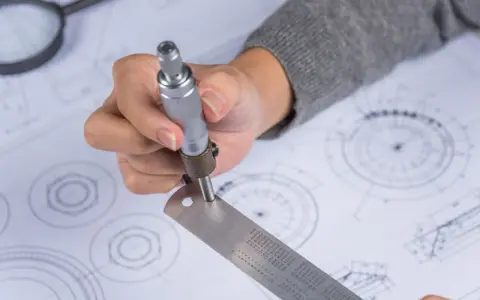 Ręka trzymająca suwmiarkę nad rysunkiem technicznym, pokazując jak czytać rysunek techniczny.