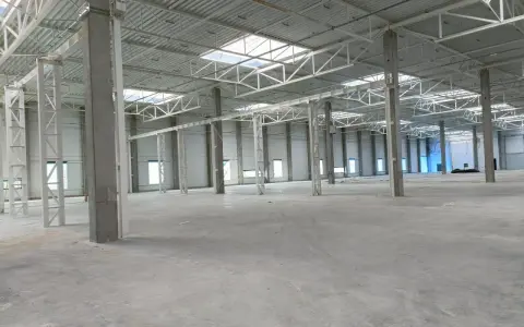 Wnętrze nowej hali magazynowej, betonowe słupy i stalowa konstrukcja dachu. Projekt hali magazynowej w trakcie realizacji.