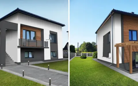 Nowoczesne elewacje starych domów piętrowych z drewnianymi akcentami i nowoczesnymi balkonami.