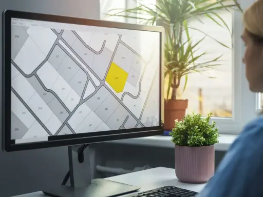 Kobieta analizuje na monitorze mapę działek, która przypomina wypis z rejestru gruntów. Jedna z parceli jest podświetlona na żółto.
