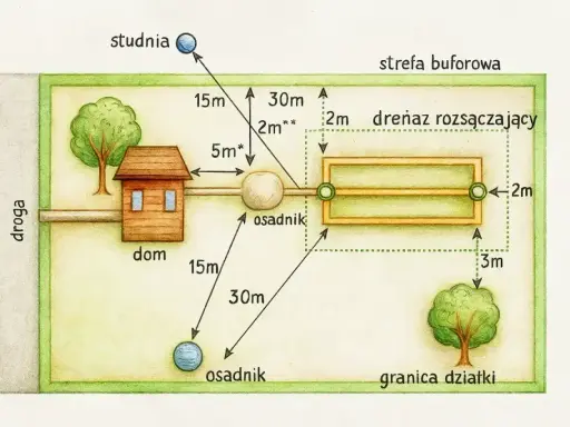 Schemat pokazuje rozmieszczenie elementów **oczyszczalni ścieków** na działce: dom, osadnik, drenaż rozsączający, studnia i drzewa.