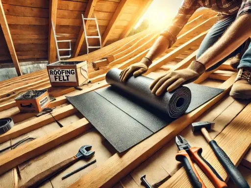Ręce w rękawiczkach rozwijają papę na dach z desek. W tle skrzynka z napisem "ROOFING FELT" i narzędzia.