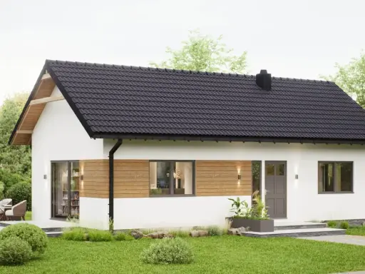 Nowoczesny domek letniskowy z drewnianymi elementami, idealny na wypoczynek. Sprawdź, jak uzyskać dofinansowanie na domek letniskowy i spełnić marzenia o własnym azylu.