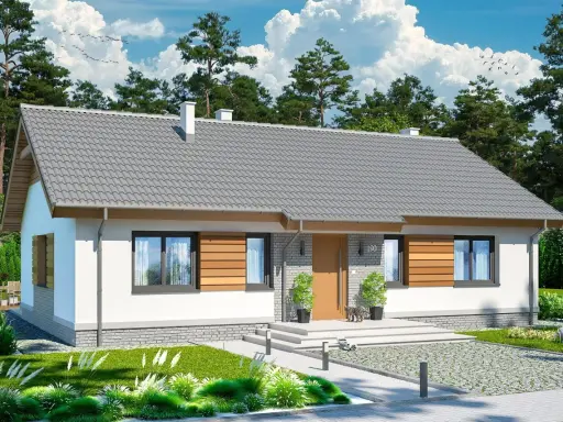 Nowy, tani dom 120m2 z nowoczesną elewacją i dużymi oknami, otoczony zielenią. Idealne miejsce dla rodziny.