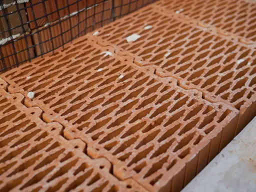 Czerwone pustaki ceramiczne ułożone obok siebie, z siatką zbrojeniową w tle. Zastanawiasz się, ile pustaków na m2 potrzeba do budowy?