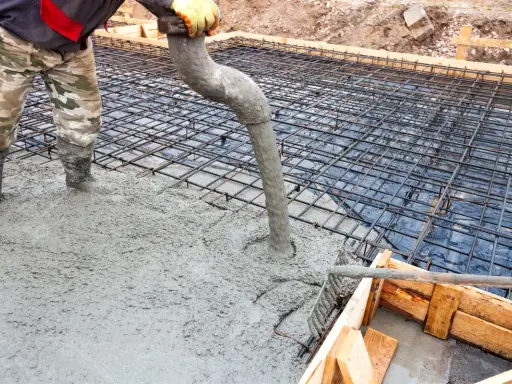 Wylewanie betonu na zbrojenie fundamentów. Właściwy beton na fundament to klucz do trwałej budowy.