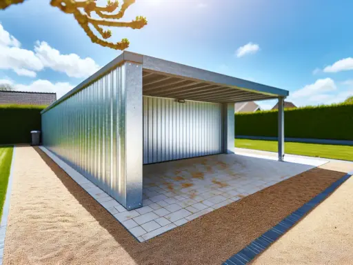 Nowoczesny, blaszany garaż o powierzchni 100m2, otoczony zadbanym ogrodem i żywopłotem. Idealny projekt na działkę.