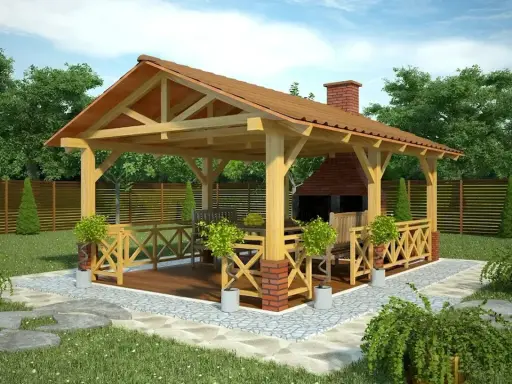 Projekt altany z grillem i wędzarnią. Drewniana konstrukcja z dachem, ceglanym kominem i miejscem do biesiadowania.