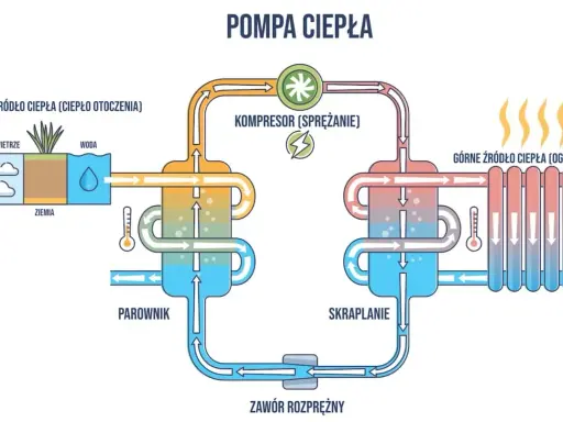 Schemat pompy ciepła: jak działa ogrzewanie domu 100m2. Pokazuje pobieranie ciepła z powietrza, wody lub ziemi, sprężanie go i oddawanie do grzejników.