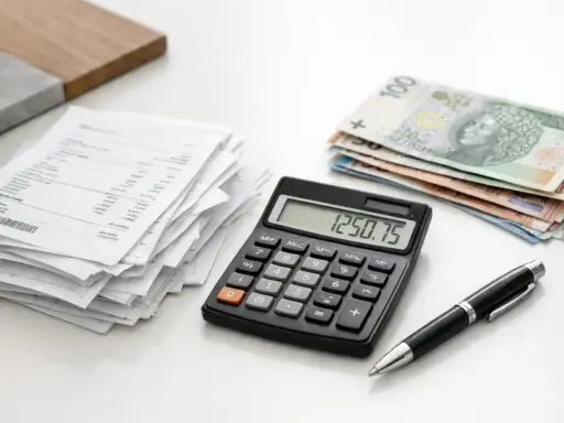 Stos rachunków, kalkulator z kwotą 1250,75 zł, polskie banknoty i długopis. Obliczanie, jaki vat na usługi budowlane.