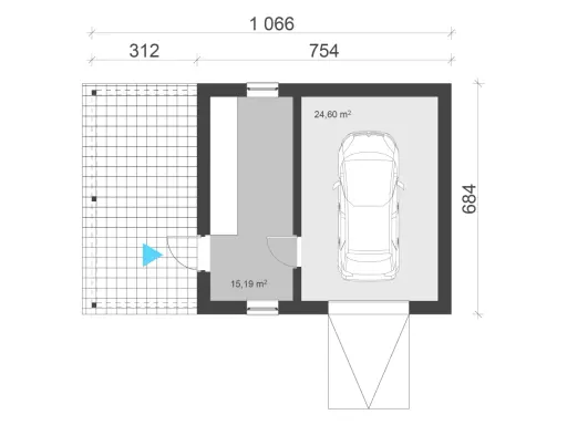 Projekt budynku usługowego: garaż 24,60 m² z miejscem na samochód, pomieszczenie 15,19 m², taras.