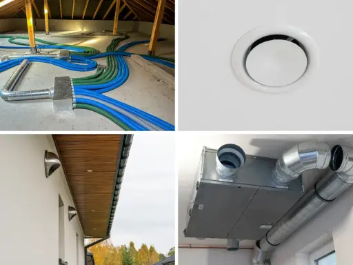 Instalacja wentylacji mechanicznej: przewody w poddaszu, kratka nawiewna, czerpnie ścienne i rekuperator.