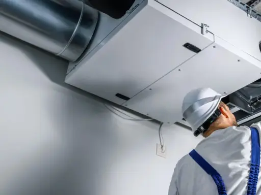 Technik sprawdza wentylację mechaniczną nawiewno-wywiewną. System zapewnia świeże powietrze w budynku.