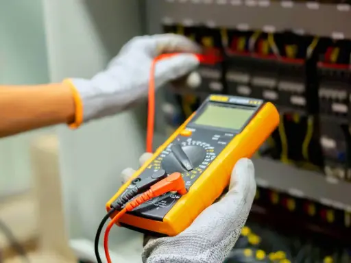 Elektryk w rękawicach wykonuje pomiar instalacji elektrycznej za pomocą żółtego multimetru.