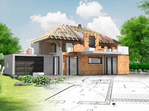 Przed zakupem działki sprawdź jej potencjał budowlany. Wizualizacja domu w przekroju na tle planów architektonicznych.