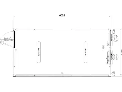 Rzut kontenera biurowego 6058x2990 mm. Wymiary drzwi 900x2000 mm, oświetlenie 2x16W LED.