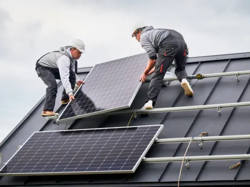 Dwóch monterów instaluje panele fotowoltaiczne na ciemnym, szczelnym dachu. Praca nad przyszłością energetyki.