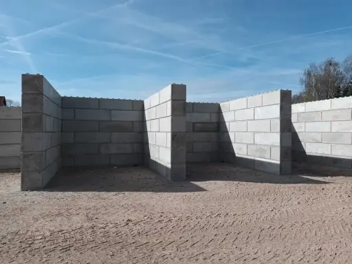 Budowa trwa. Solidny mur z bloczków betonowych tworzy zarys przyszłego obiektu.