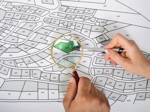 Ręce analizują mapę działek, jedna z nich wskazuje na zieloną działkę 524. Może to oznaczać zmiany do planu zagospodarowania przestrzennego.