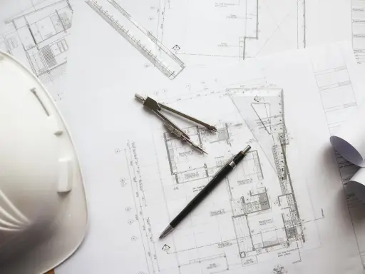 Biały kask budowlany, cyrkiel, linijka i długopis leżą na planach architektonicznych. Czy piwnica to kondygnacja?