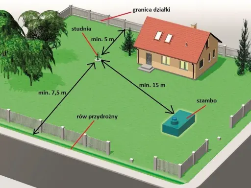 Schemat rozmieszczenia studni na działce. Wskazane minimalne odległości od domu, szamba i rowu.