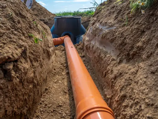 Wykonanie przyłącza wodociągowego: pomarańczowa rura biegnie przez wykop w ziemi do czarnej studzienki.