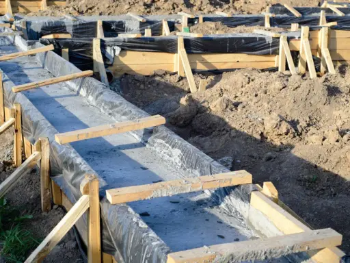 Budowa fundamentów krok po kroku: betonowanie ław fundamentowych w szalunkach z folią.