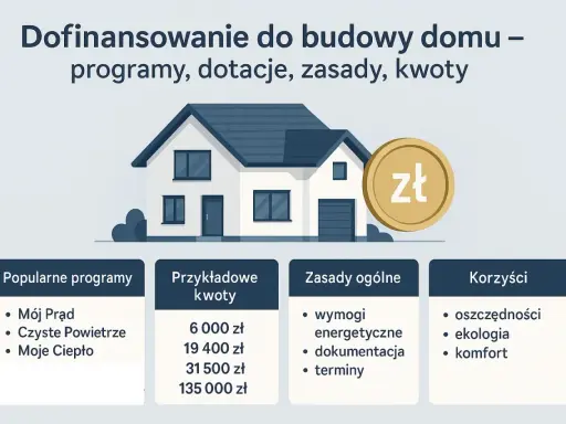 Dofinansowanie do budowy domu: programy, dotacje, zasady i kwoty. Ilustracja domu z monetą zł. Popularne programy, przykładowe kwoty, zasady i korzyści.