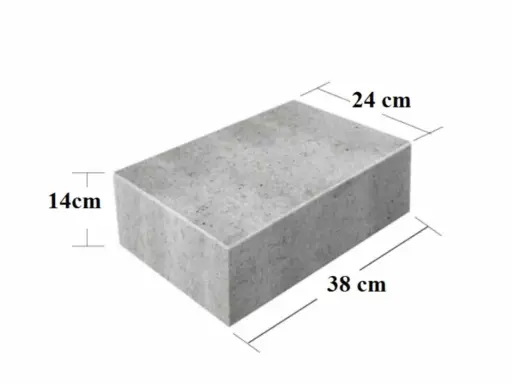 Szary bloczek fundamentowy z wymiarami 38x24x14 cm.