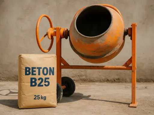 Worek z napisem "BETON B25" i betoniarka. Idealny zestaw, by dowiedzieć się, jak zrobić beton B25.