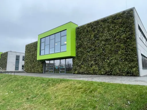 Nowoczesny budynek z zieloną elewacją domu, pokrytą gęstą roślinnością. Jasnozielony akcent architektoniczny z oknami.