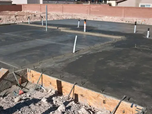 Świeżo wylany betonowy fundament z widocznymi rurami i zbrojeniem. Ziemia wokół czeka na materiał, czym obsypać fundamenty z zewnątrz.