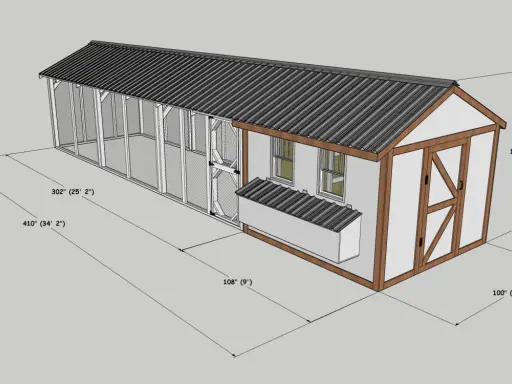Projekt kurnika na 30 kur: przestronny wybieg z siatki i zadaszony domek z oknami i drzwiami. Wymiary: 25' x 8'4" x 8'5".