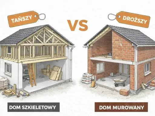 Rysunek porównuje dom szkieletowy drewniany z murowanym. Szkieletowa konstrukcja jest tańsza, murowana droższa.