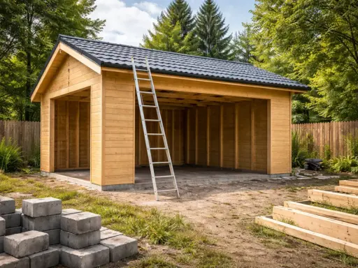 Darmowy projekt garażu drewnianego w budowie. Metalowa drabina oparta o konstrukcję, stosy betonu i drewna w pobliżu.