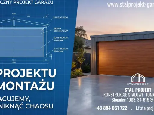 Nowoczesny garaż z poddaszem, projektowany i budowany przez Stal-Projekt. Od projektu do montażu, bez chaosu.