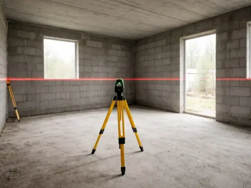 Precyzyjne wyznaczanie linii poziomej za pomocą niwelatora laserowego. Tak właśnie co robi geodeta, by zapewnić idealne wymiary.