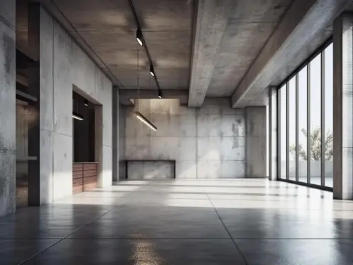 Surowy beton na stropie i ścianach tworzy industrialny klimat. Jasne światło wpada przez wielkie okna.