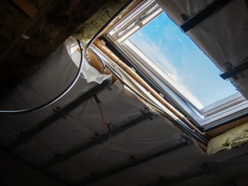 Trwa wymiana okna dachowego. Widoczne elementy konstrukcji, izolacja i przewody elektryczne.