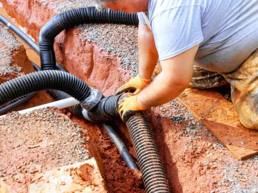 Instalator w pomarańczowych rękawiczkach łączy rury odprowadzające wodę z rynien. Prace zgodne z przepisami.
